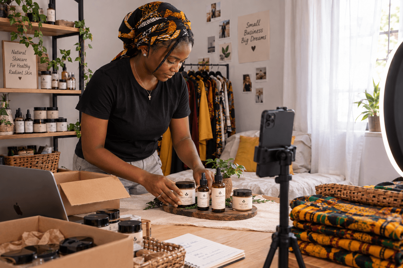 A merchant arranging shea butter jars on a table, with packed boxes beside her and a phone on a tripod ready to shoot