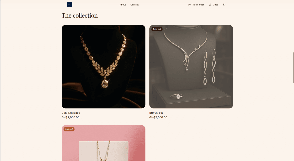 A published Dzra storefront: a collection of jewellery with prices in cedis, a sold-out piece and one marked twenty per cent off